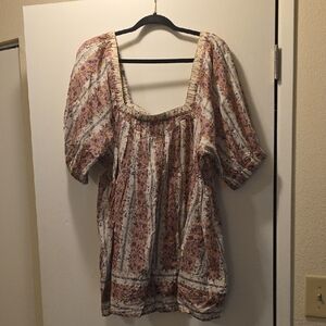 Free People Floral Puff Sleeve Blouse - Pink and Cream